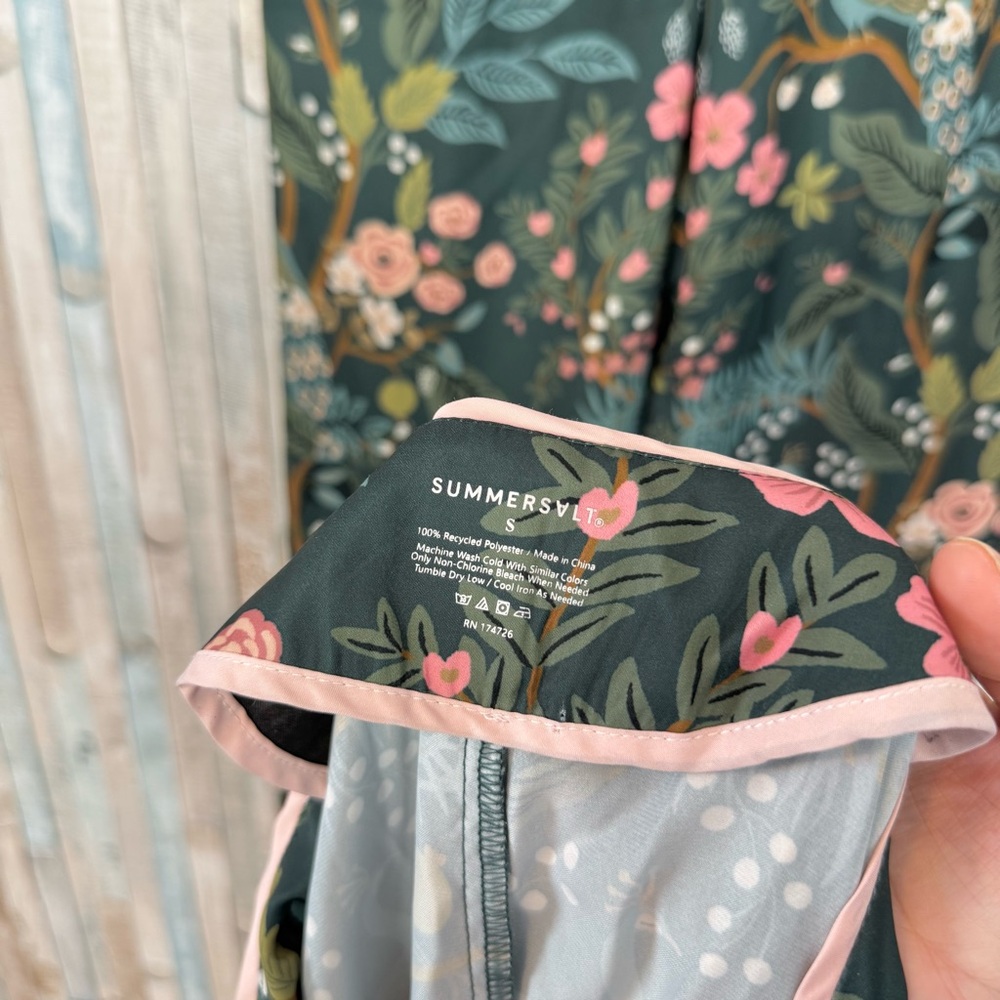 Rifle Paper Co. Forest Green Floral Satin Pajama Set with Pink Trim - Picture 8 of 12